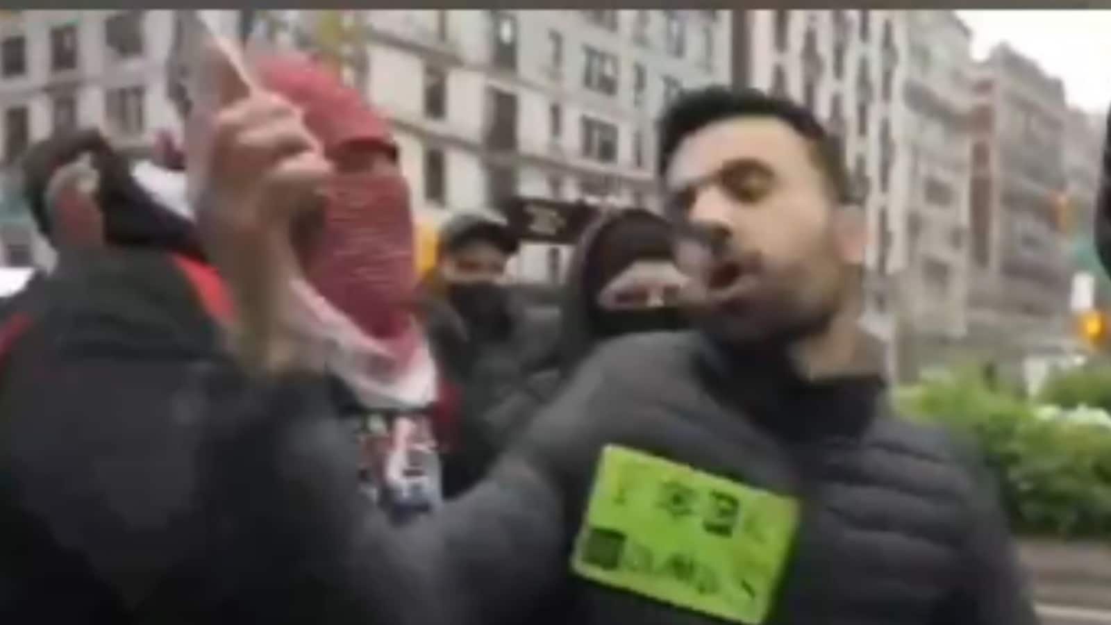 A shocking video shows a man from Israel being attacked and hurt by a protester at Columbia University.