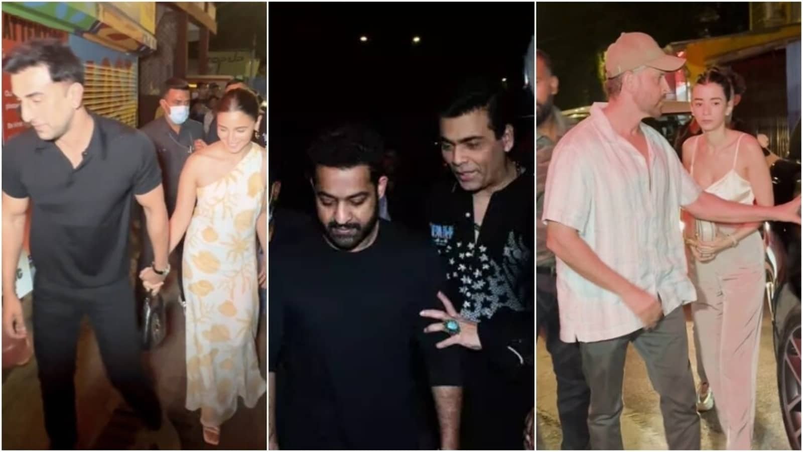 Alia Bhatt, Ranbir Kapoor, Jr NTR, Karan Johar, Hrithik Roshan, and Saba Azad had a fun dinner together. They all looked stylish, and it's interesting to see what outfits they chose to wear.