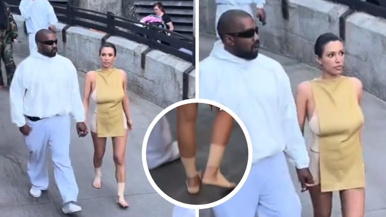 Bianca Censori decided not to wear shoes and instead had bandages on her feet while walking with Kanye West in Disneyland.