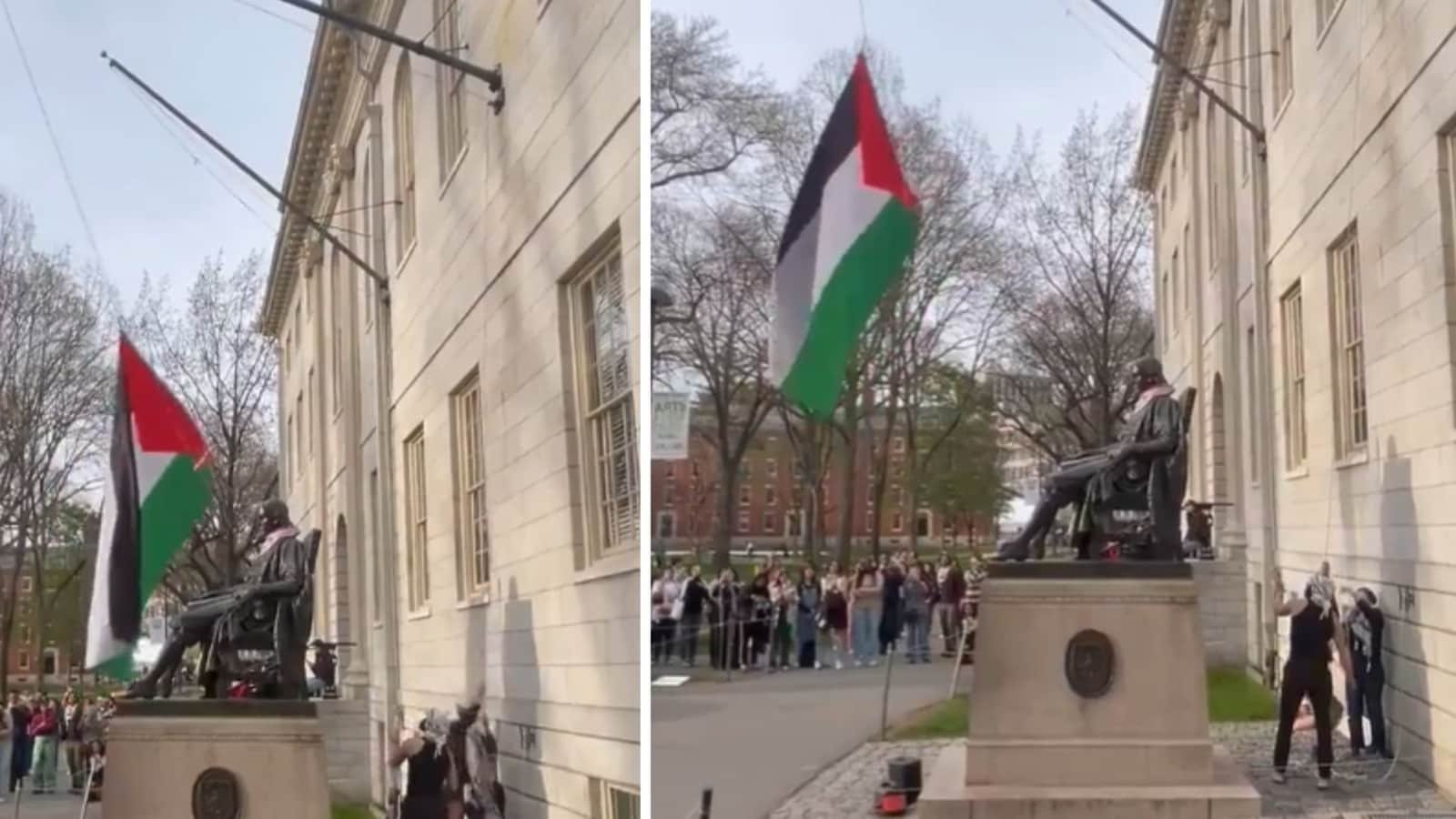 Some students at Harvard University put up a Palestinian flag in a place where the American flag is usually displayed.